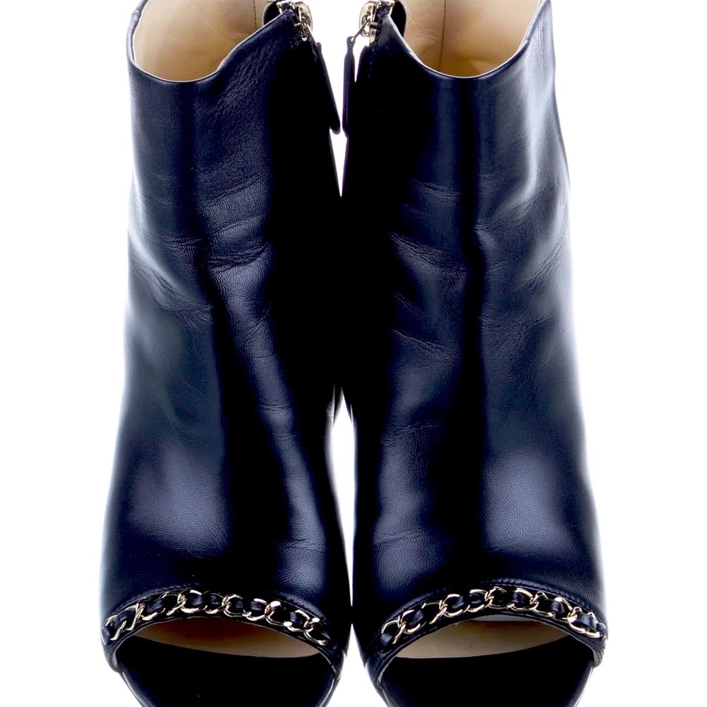 CHANEL Leather Peep Toe Logo Chain Boots 5.5 RARE
